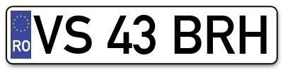 Placuta inmatriculare numar auto  VS-43-BRH, VS 43 BRH, VS43BRH