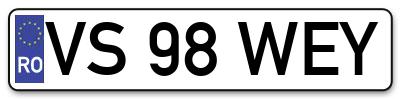 Placuta inmatriculare numar auto  VS-98-WEY, VS 98 WEY, VS98WEY